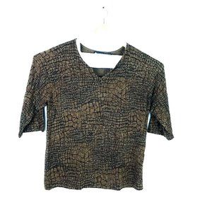 Maggie Barnes 1X Brown Animal Print V Neck Shirt 3/4 Sleeve Snake Skin Lizard